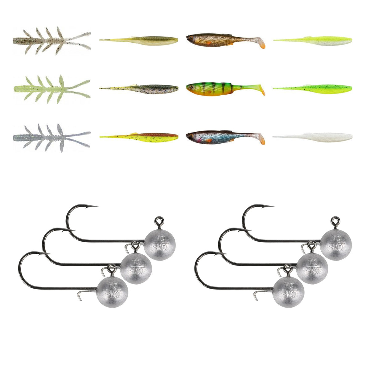 Aborre Gummidyrskit med seks Mikado-jighoveder og blandede softbaits