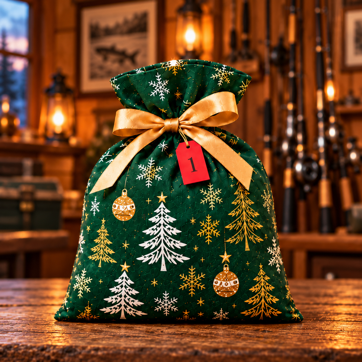En enkelt grøn Justfishing adventspose med det originale juletryk, guldbånd og rødt mærke med sort 1.