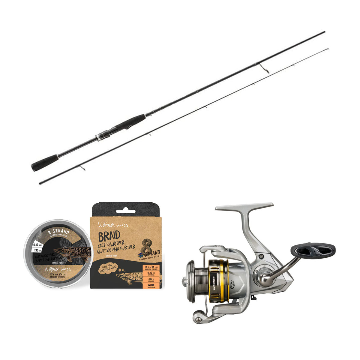 Okuma G-Control stang, Avenger B 3000 hjul og Wolfcreek Braid X8 fletline samlet