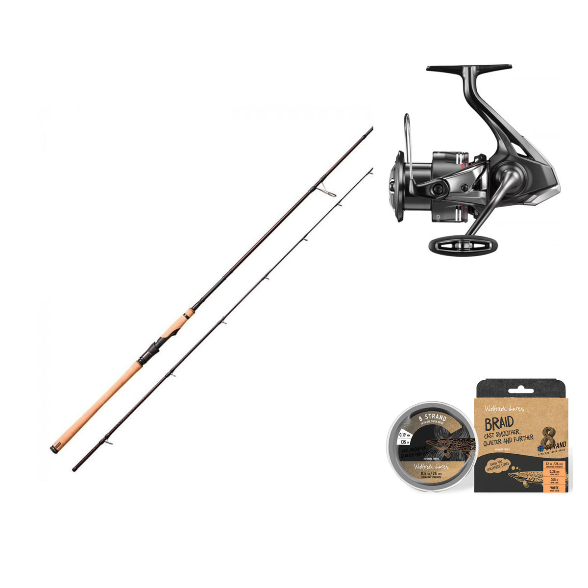 Bundlebillede med Savage Gear Alpha SG6 Big Bait-stang, Shimano Vanford FA 4000 og Wolfcreek Lures Braid X8