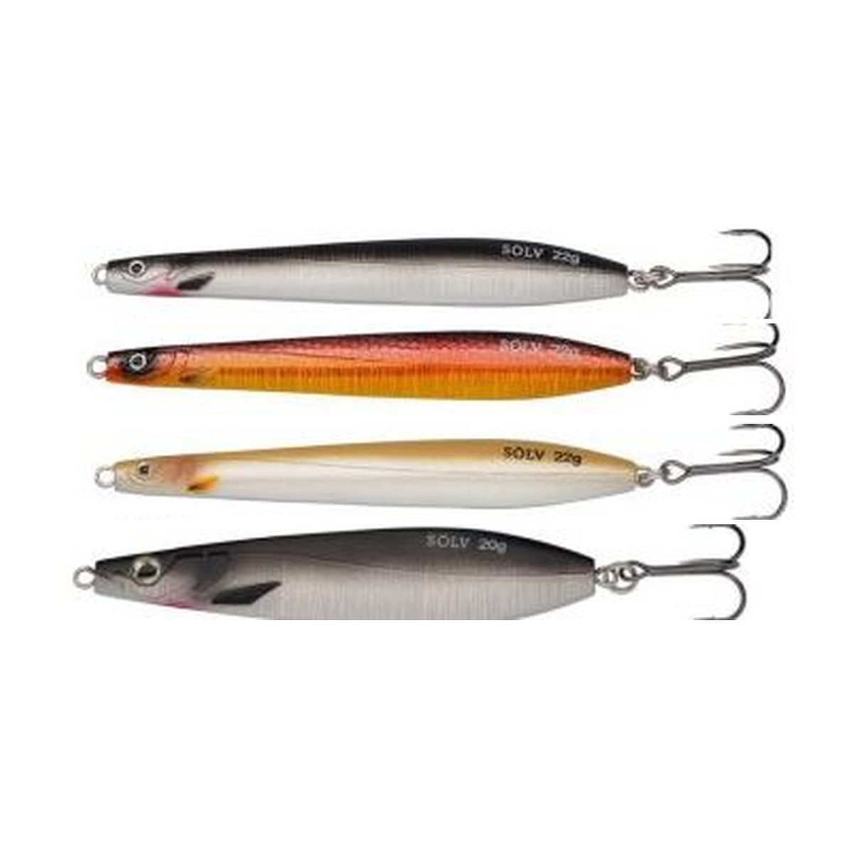 SÖLV Piil Baitfish 12 g, Piil Sunrise 12 g, Piil Smelt 16 g og Blixx Baitfish 13 g