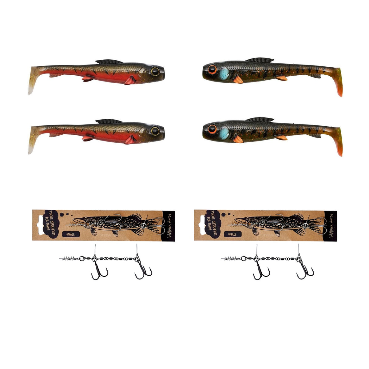 Fire McPike-gummiagn og to Wolfcreek Stinger Swivel Small-pakker på hvid baggrund