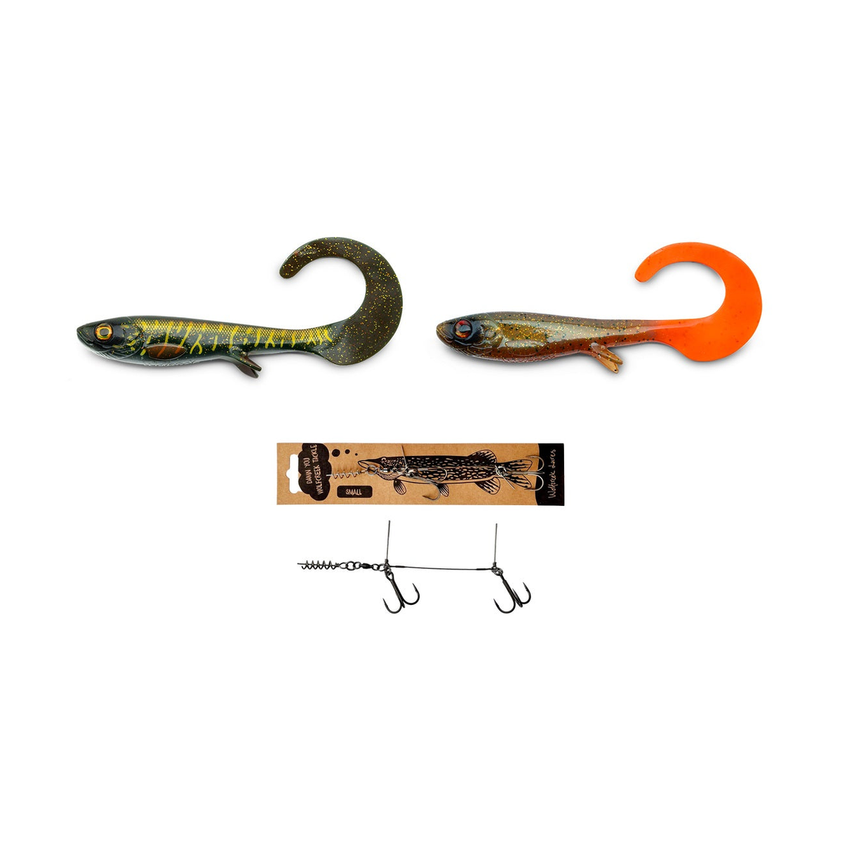 To Wolfcreek Curly 22 cm og Small Wire Stinger samlet på hvid baggrund