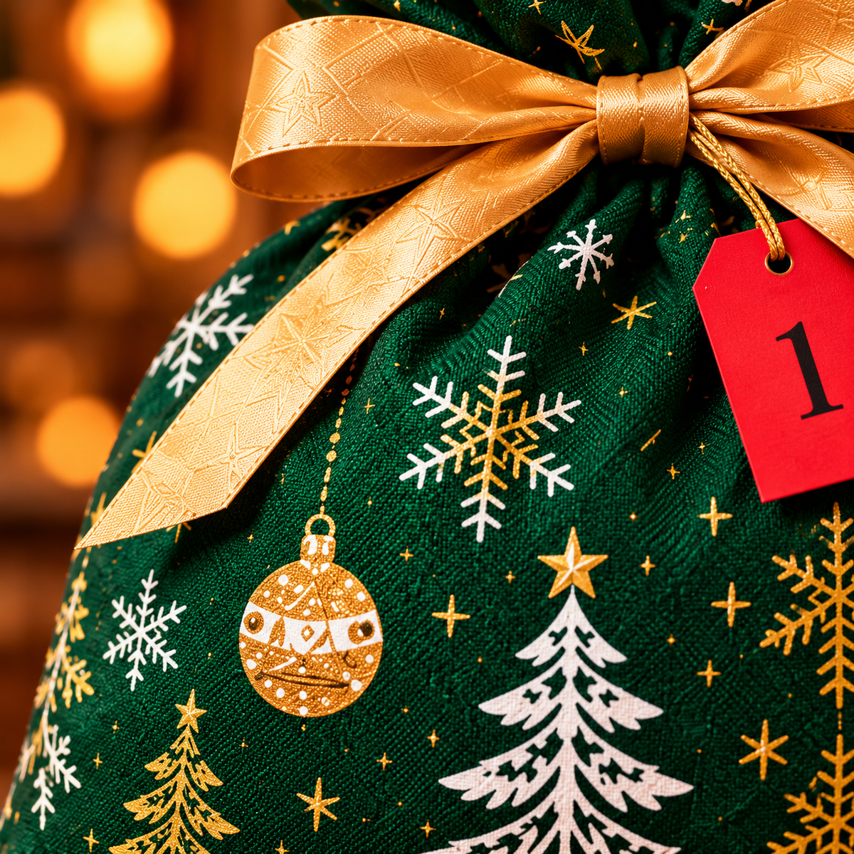 Close-up af det grønne stof og originale hvide og gyldne julemotiv på Justfishing adventsposen med guldbånd og rødt mærke.