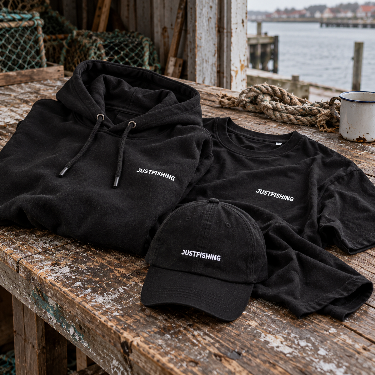 Justfishing hoodie, T-shirt og kasket i bådehus