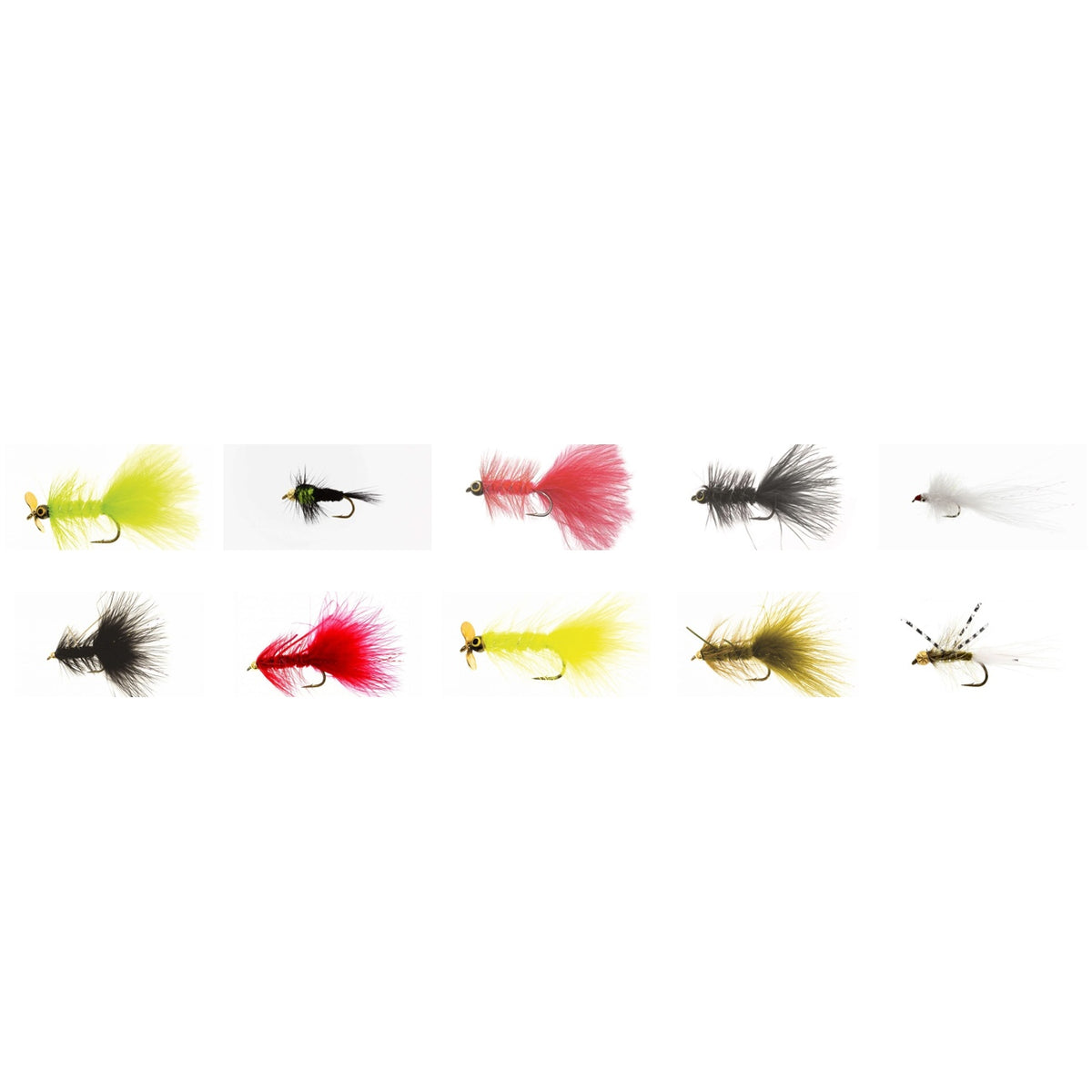 10 assorterede Put & Take-fluer samlet på hvid baggrund