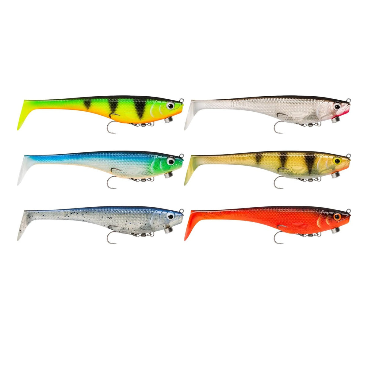 Seks originale Rapala Soft Peto-farver samlet på hvid baggrund