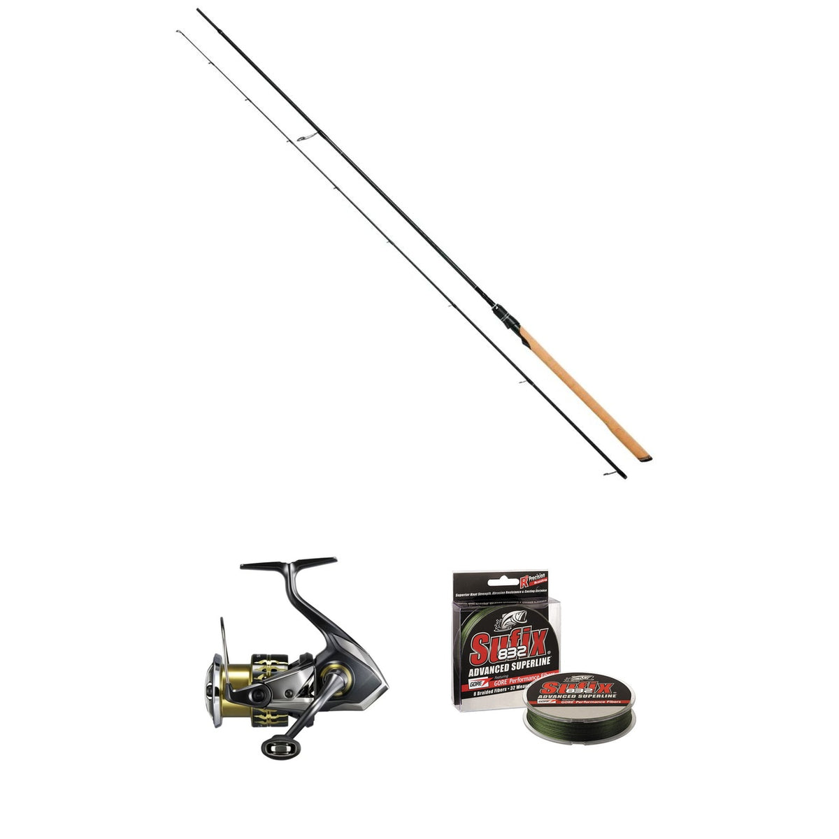 Shimano Sustain 3000, Savage Gear SG8 Salmonoid og Sufix 832 0,13 mm på hvid baggrund